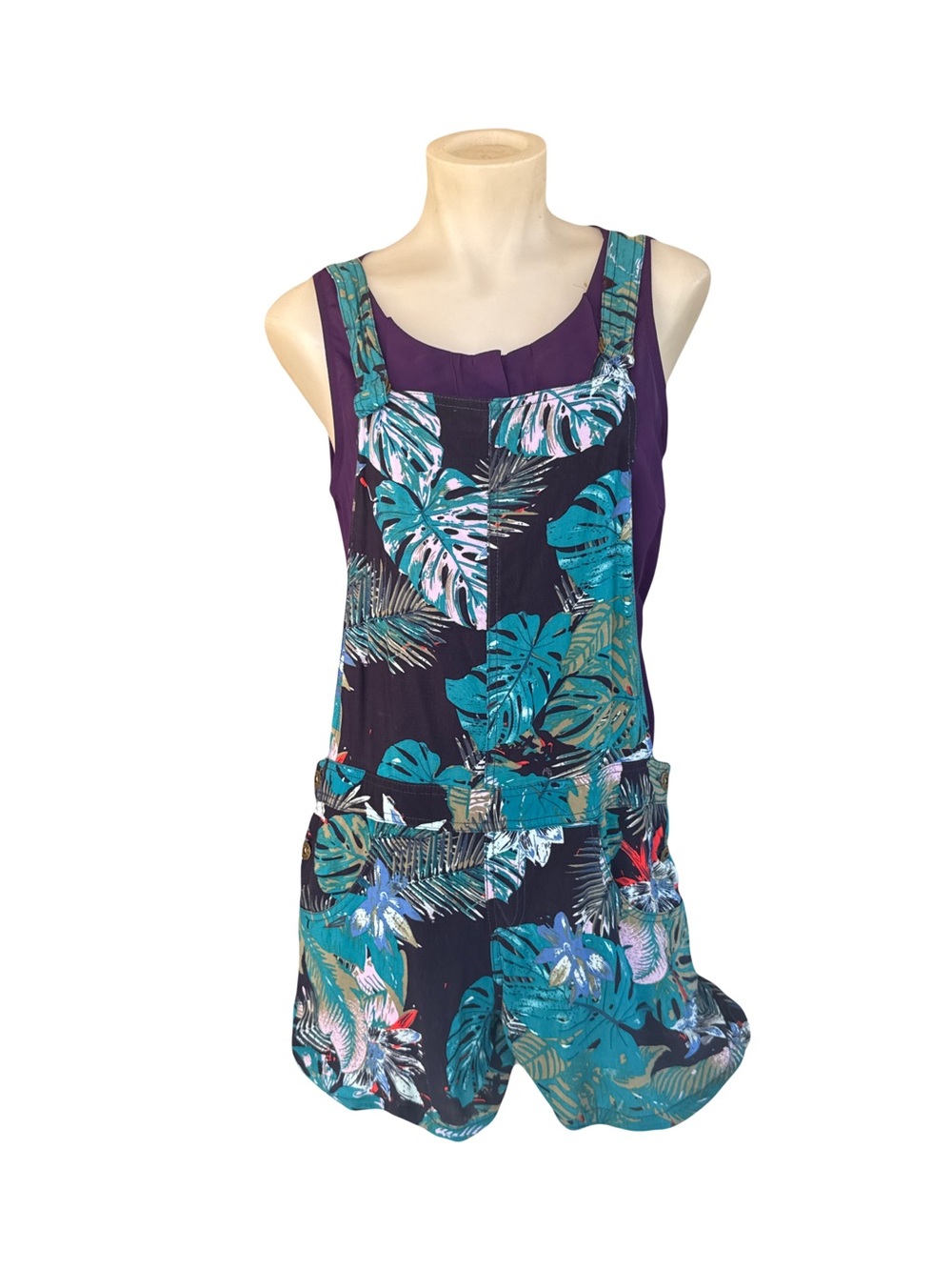 Tropical Print Short Overalls - Navy & Teal  S